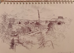 2023 - Po operaci, Výhled z pokoje, pero, 20 x 15 cm